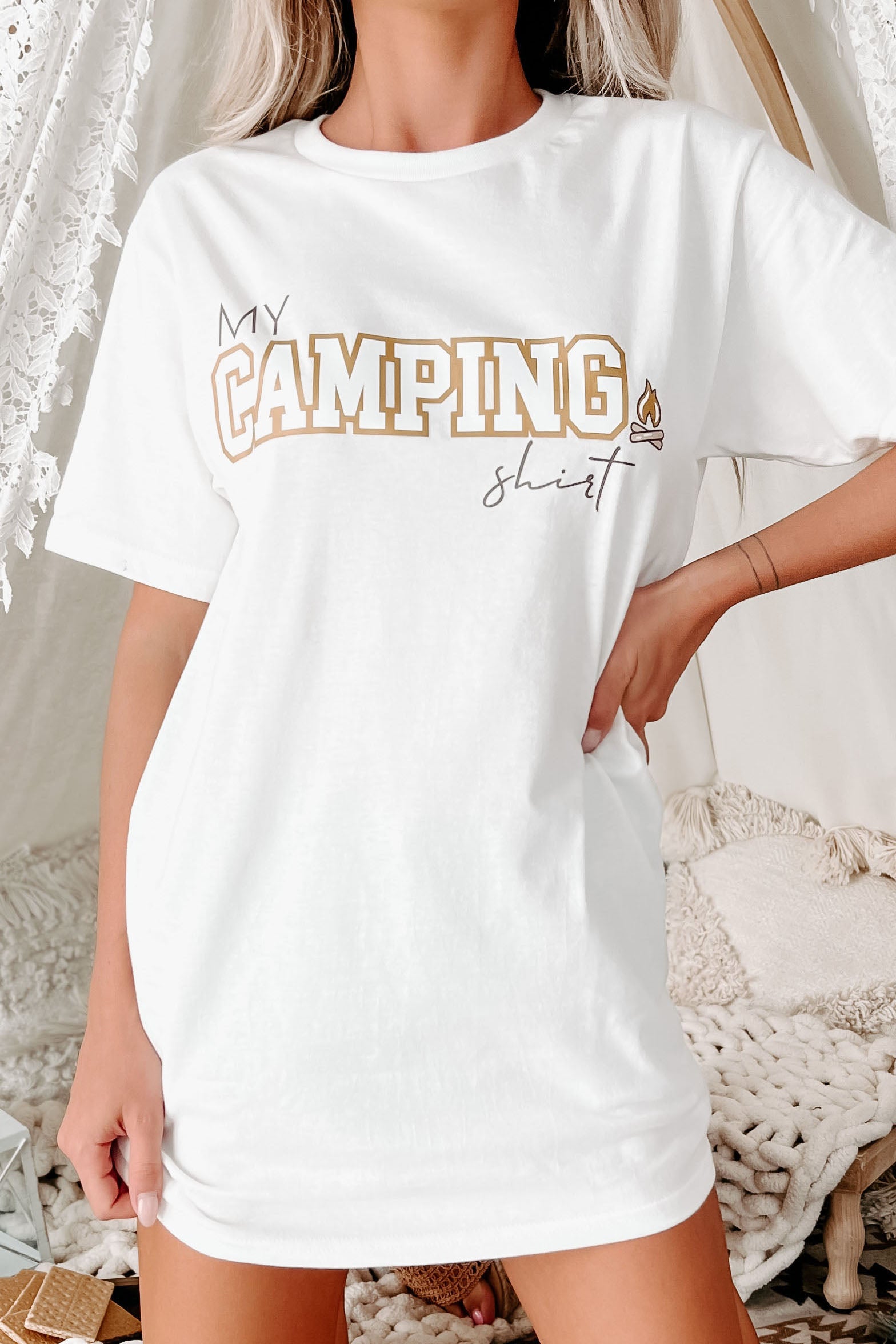"My Camping Shirt" Metallic Graphic - Multiple Shirt Options (White) - Print On Demand