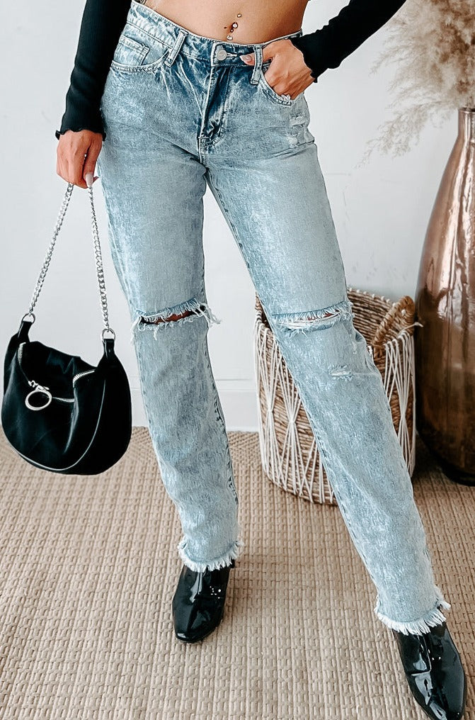 Looking For A Change High Rise Distressed Straight Leg Jeans (Pink)