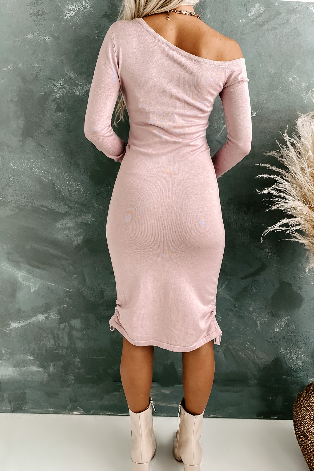 Exacting Standards One Shoulder Ruching Sweater Dress (Blush)