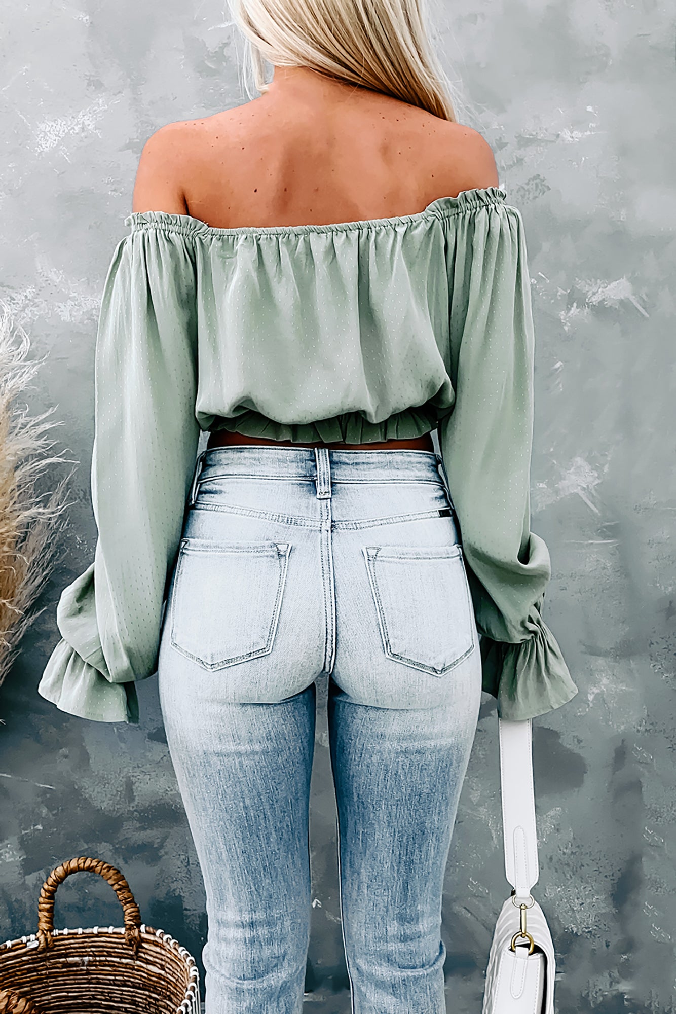 Read My Mind Off The Shoulder Crop Top (Faded Sage)