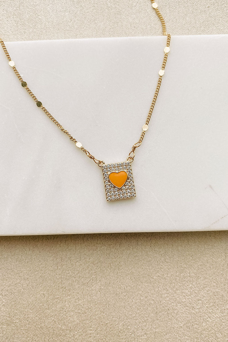 Heart You Rhinestone Heart Charm Necklace (Orange/Gold)