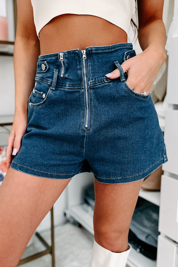 Forever Retro High Rise Zipper Front Denim Shorts (Dark Denim)