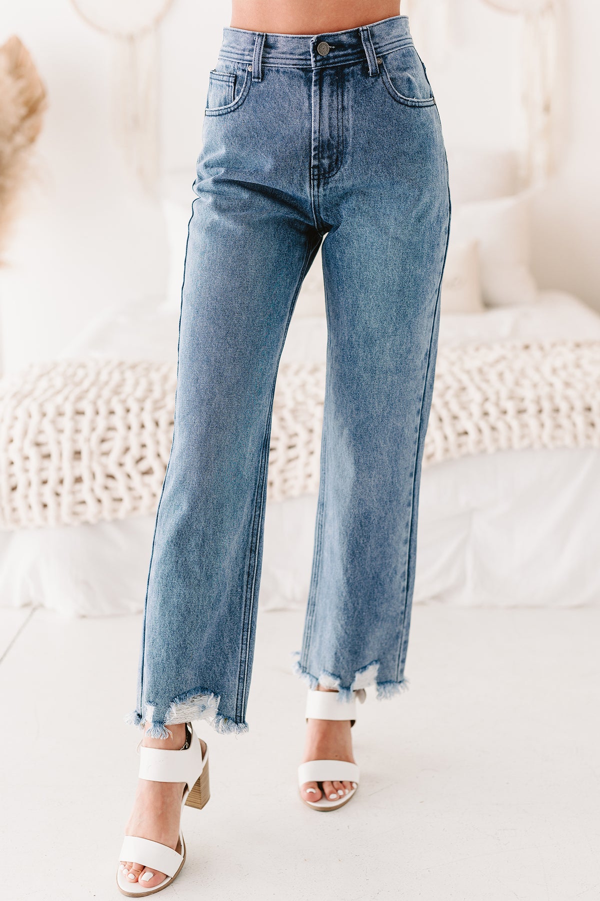 Bernice High Rise Distressed Hem Straight Leg Jeans (Medium Denim ...