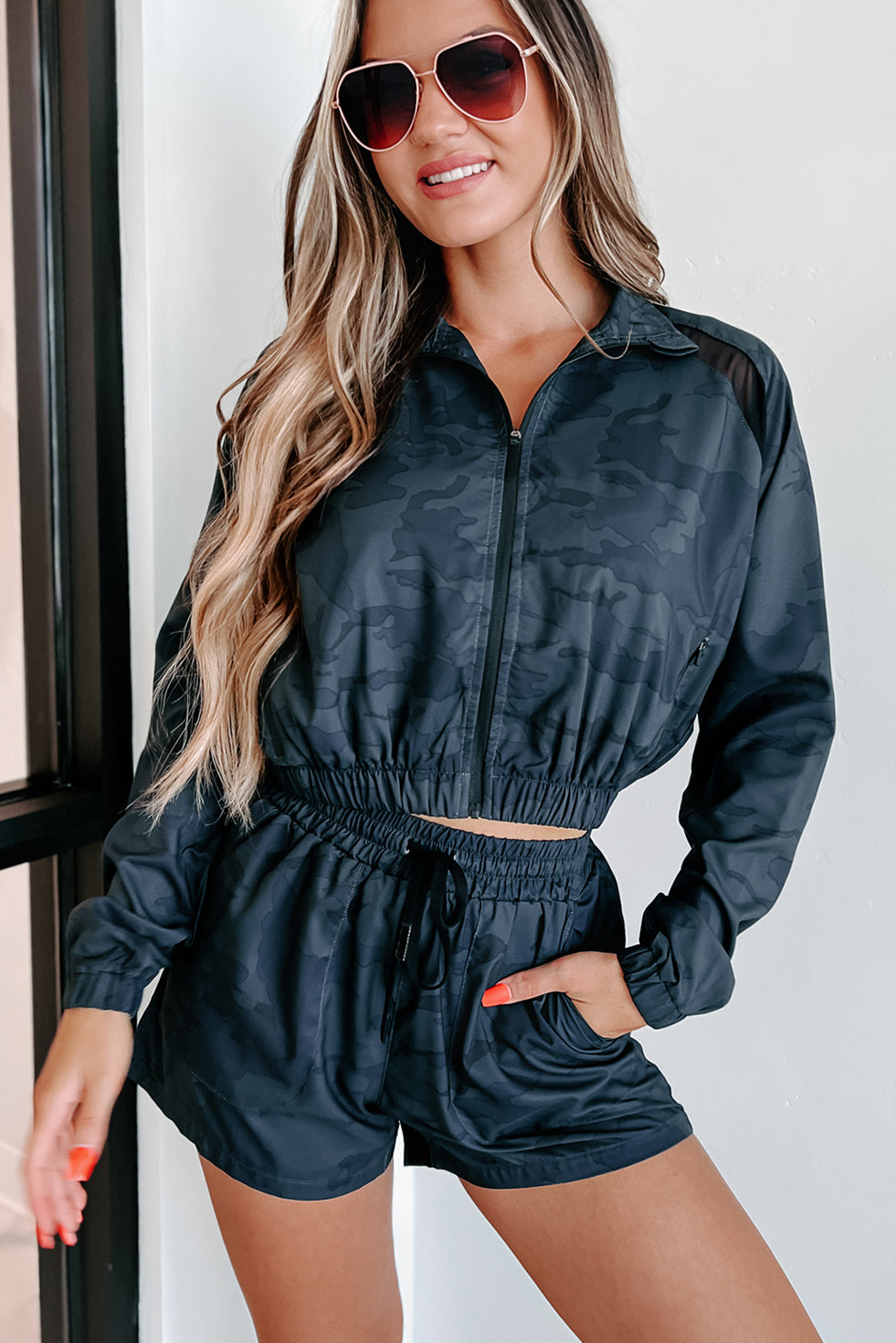 Surviving & Thriving Camo Cropped Zip-Up Jacket (Dark Ocean)