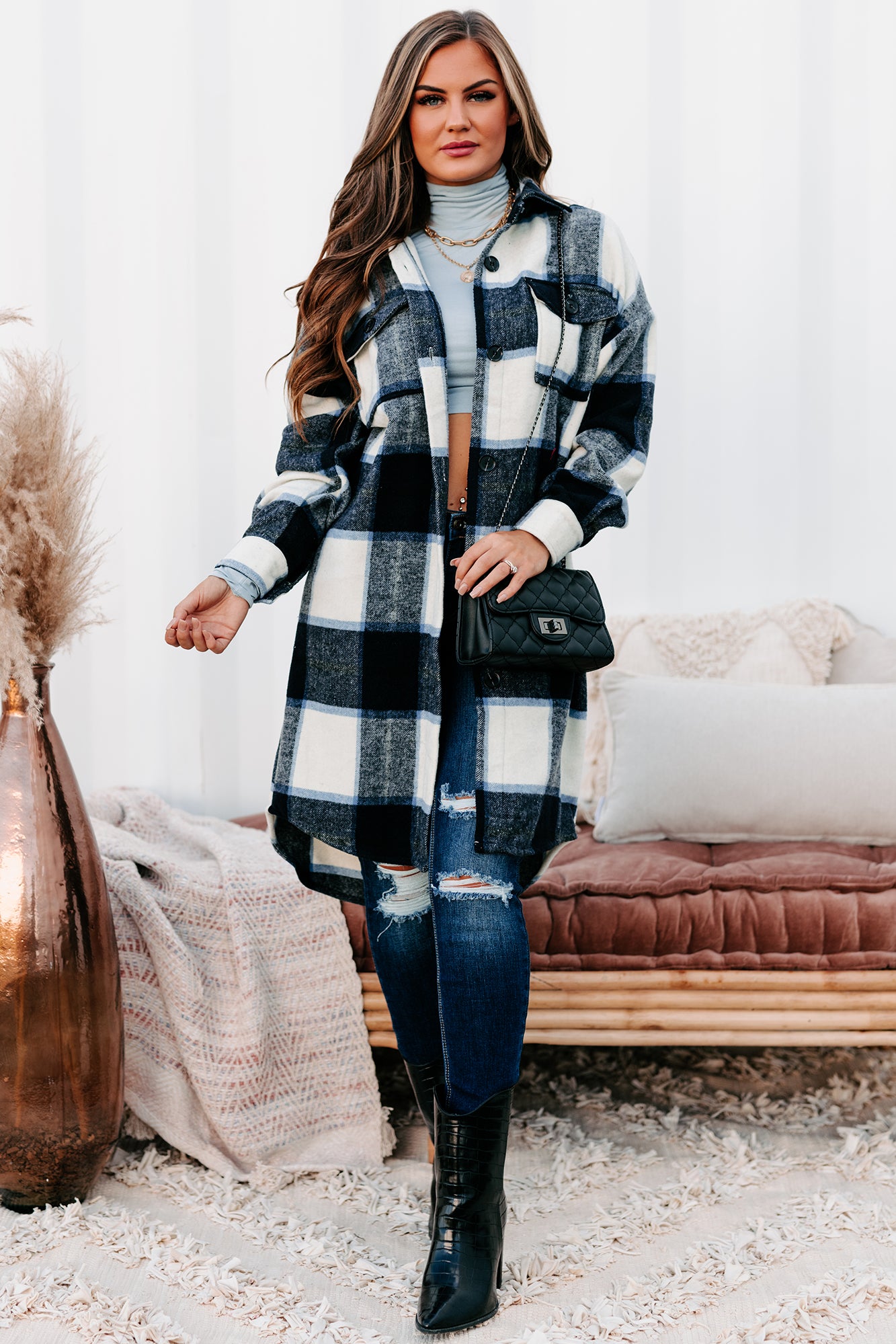 Beale Street Blues Long Plaid Shacket (Black/Blue)