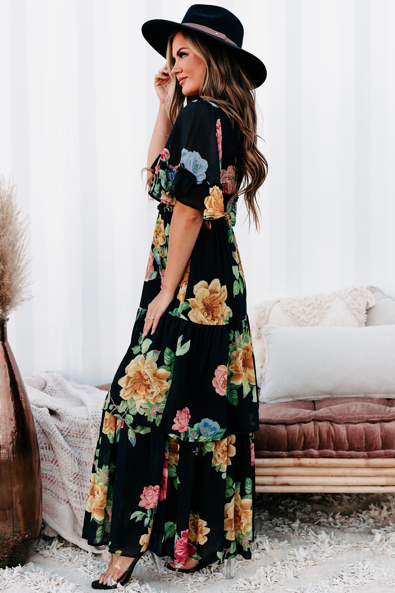 Irresistibly Charming Tiered Floral Maxi Dress (Black)