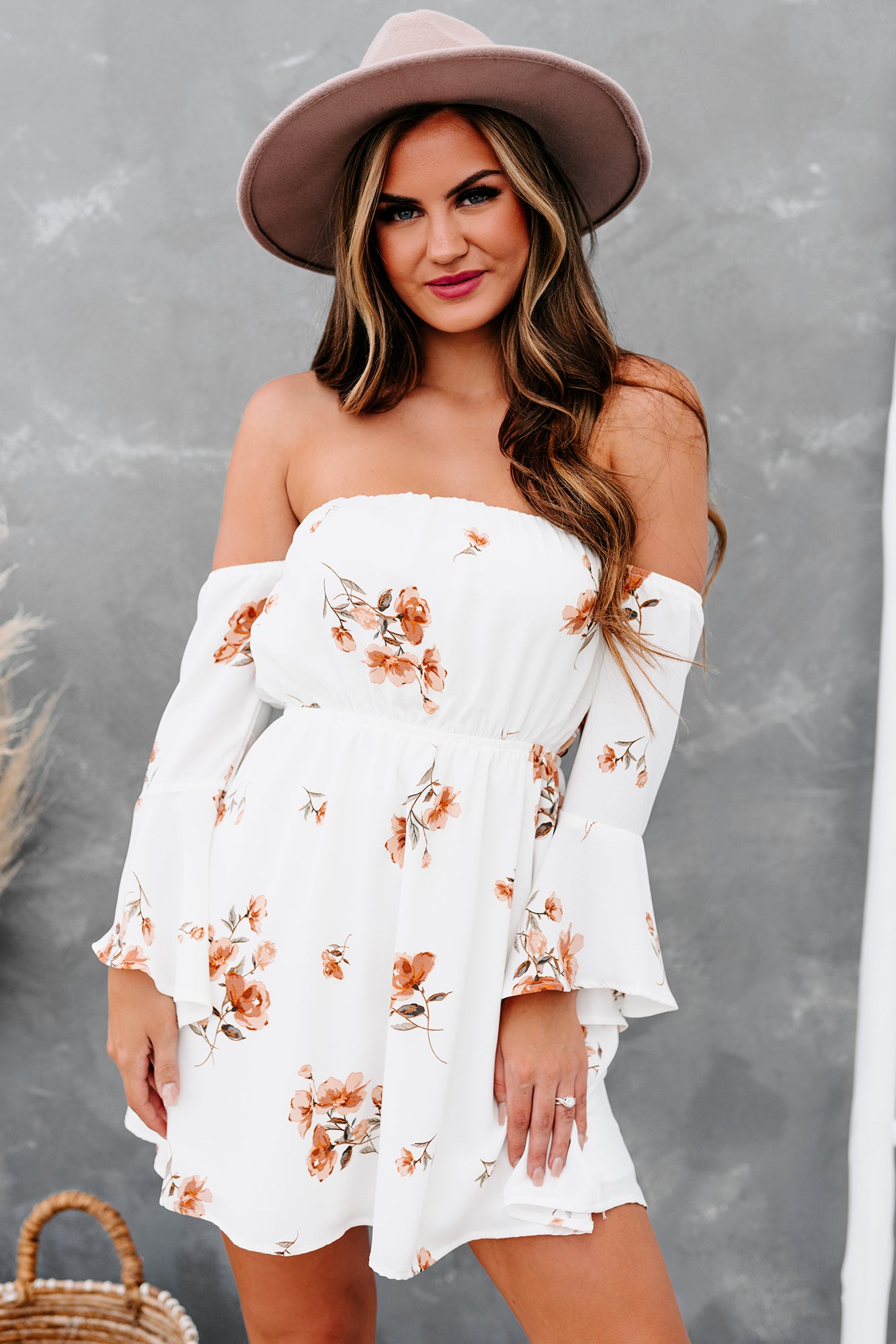 "Hope Is A Heartache" Floral Off The Shoulder Dress (Ivory/Peach)