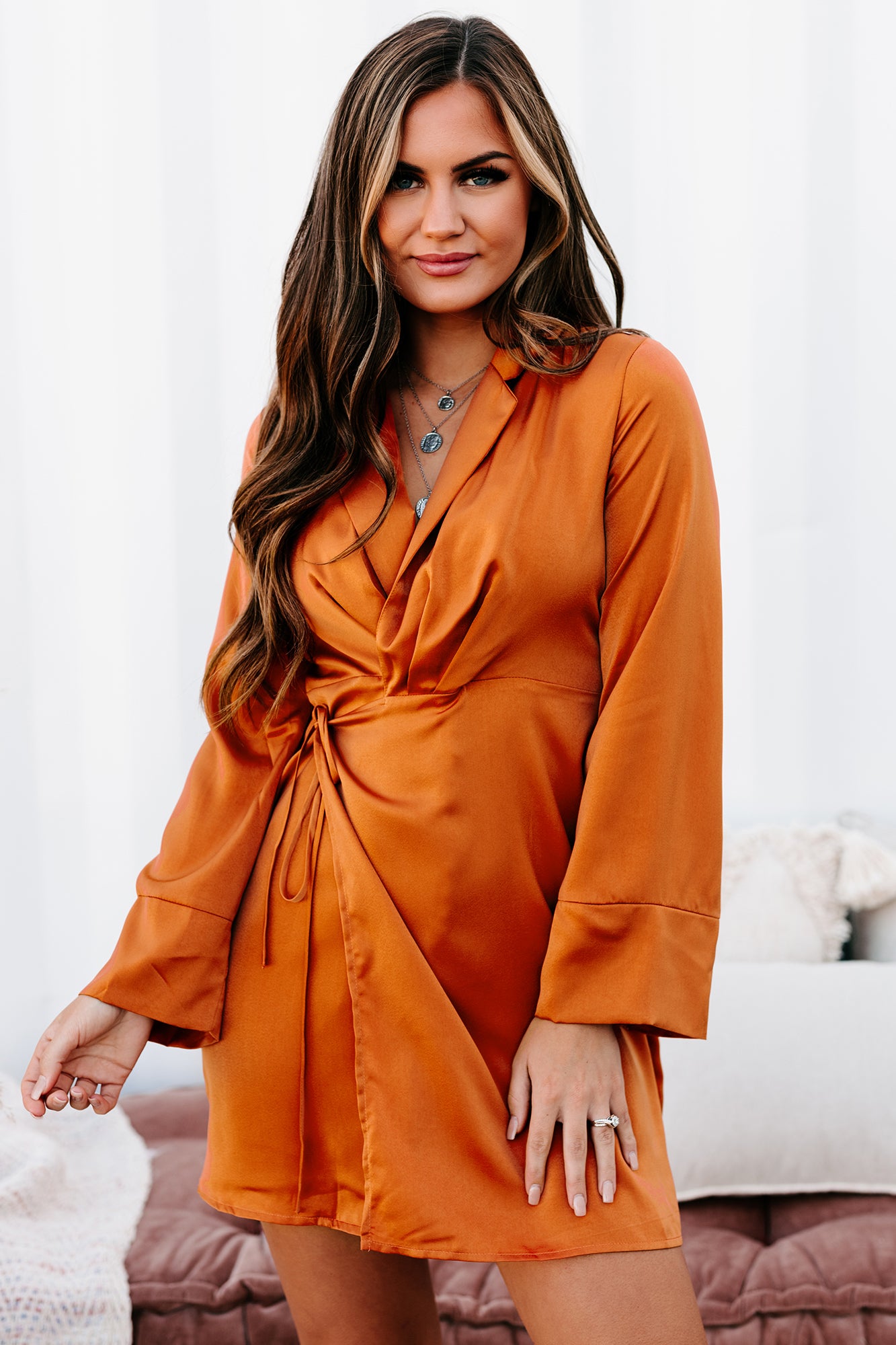 Adding Incentives Long Sleeve Satin Wrap Dress (Pumpkin)