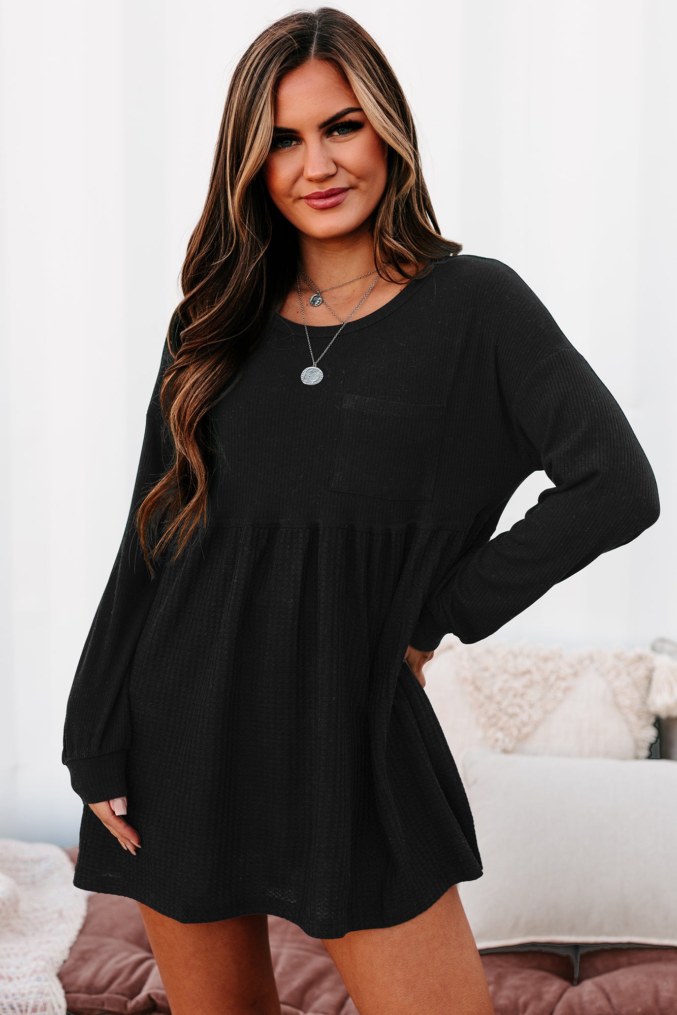 Lively Spirit Mixed Knit Tunic Top (Black)