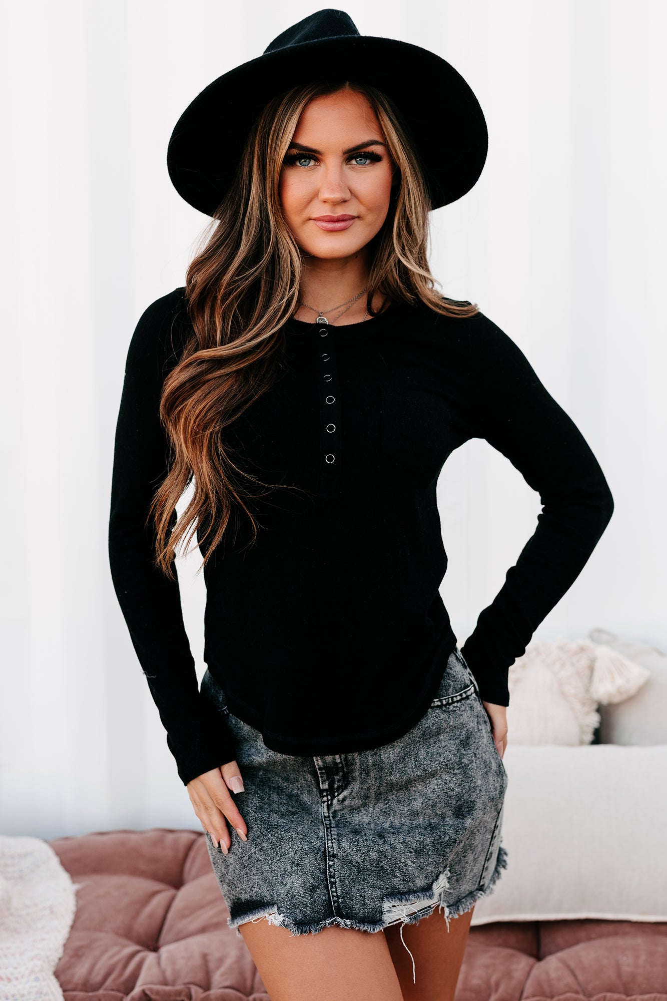 Fostering Friendships Ribbed Long Sleeve Henley Top (Black)