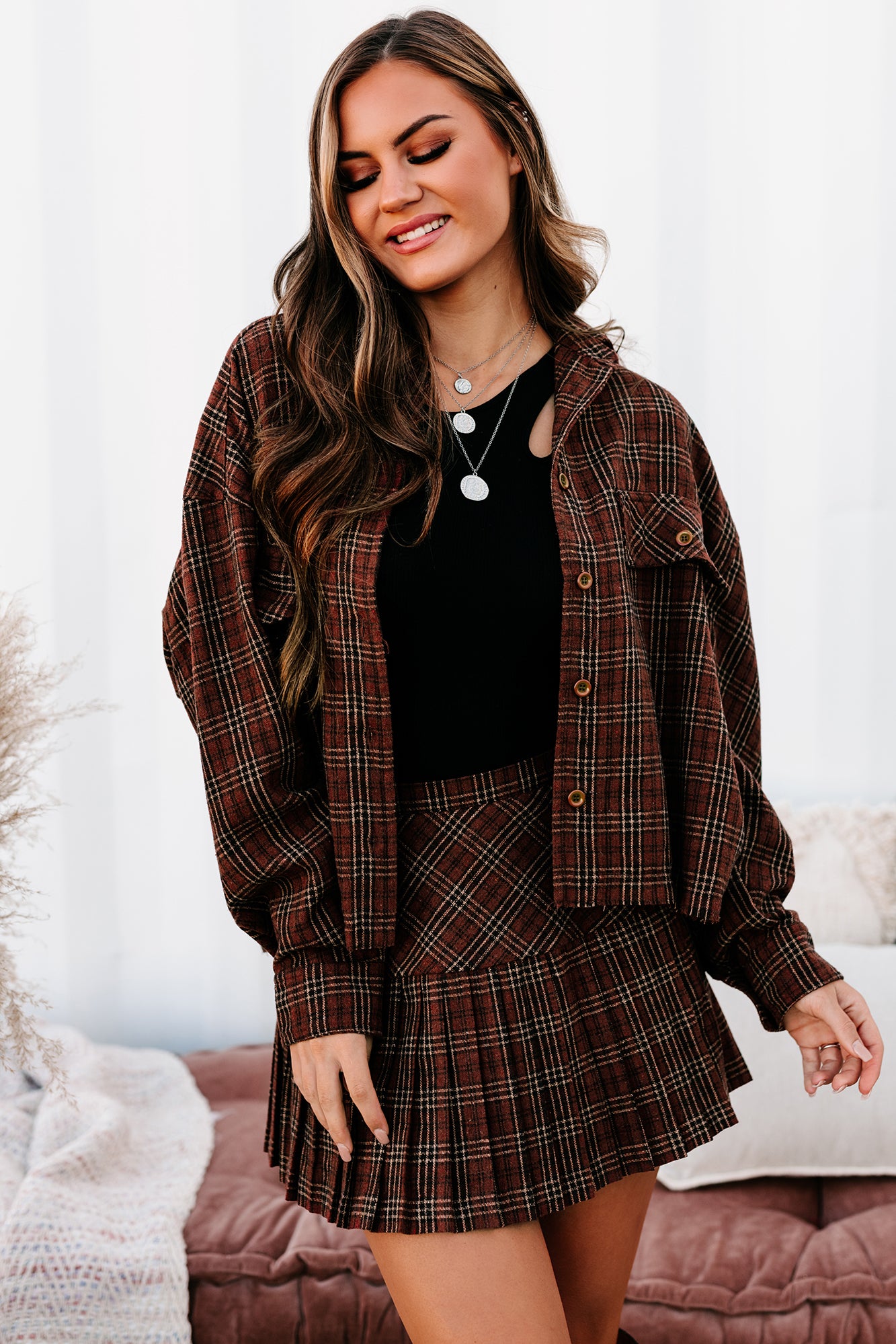 Crushing Hearts Plaid Button-Down Top (Burnt Rust)