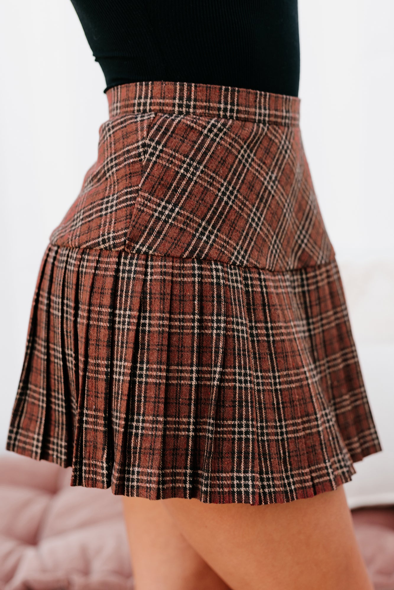 Crushing Hearts Pleated Plaid Mini Skirt (Burnt Rust)