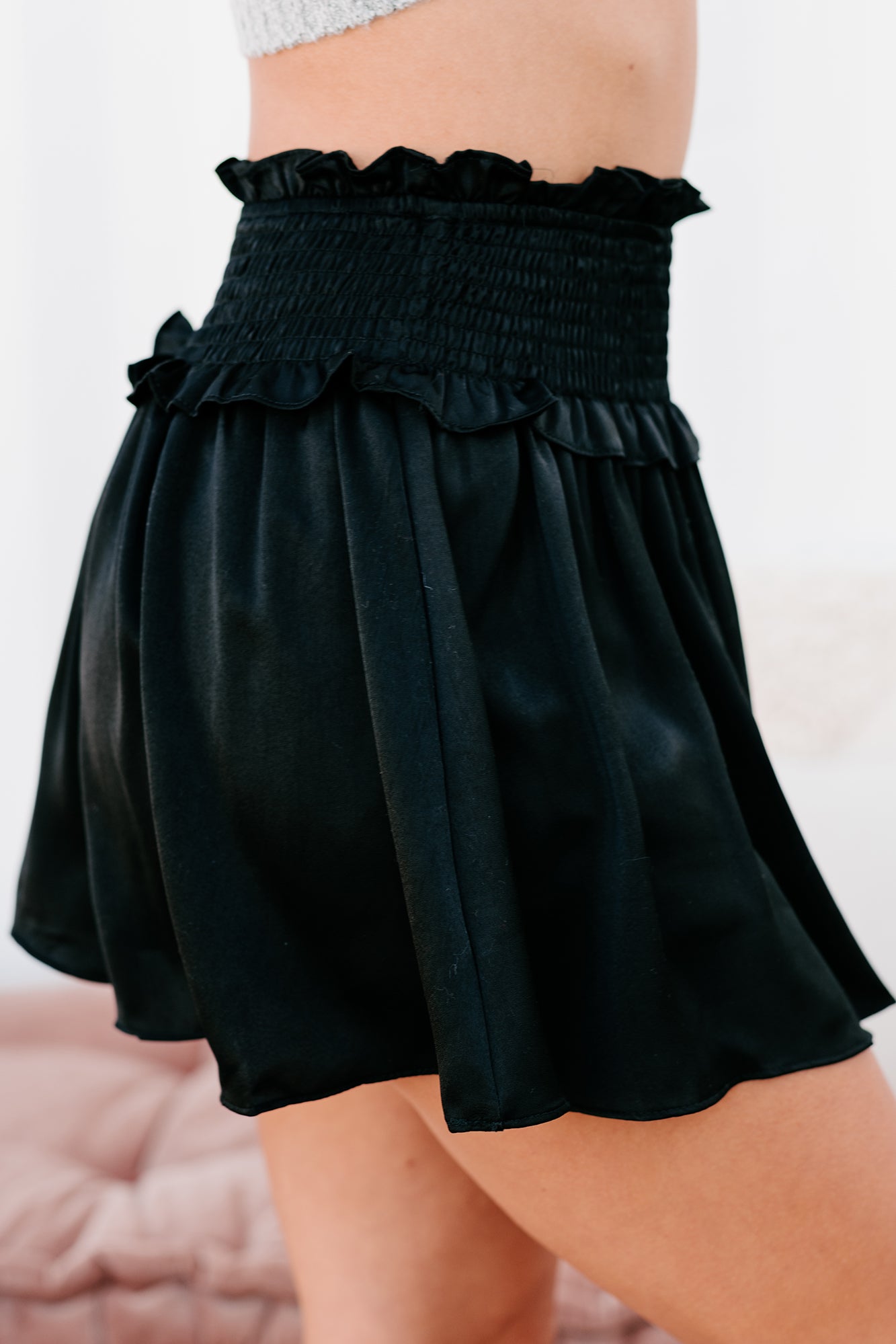 Catch Me There Smocked Satin Skort (Black)