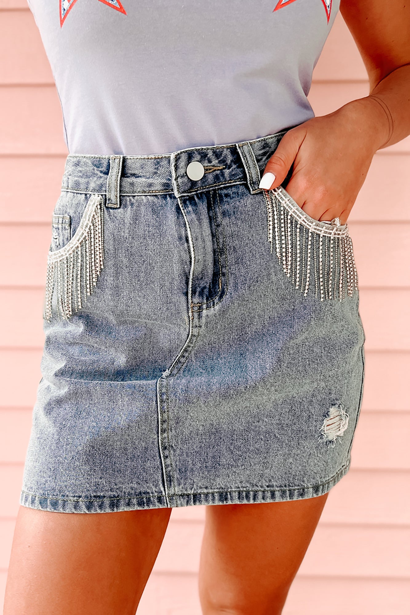 Alverita Mid-Rise Rhinestone & Pearl Embellished Shorts (Light Denim) ·  NanaMacs