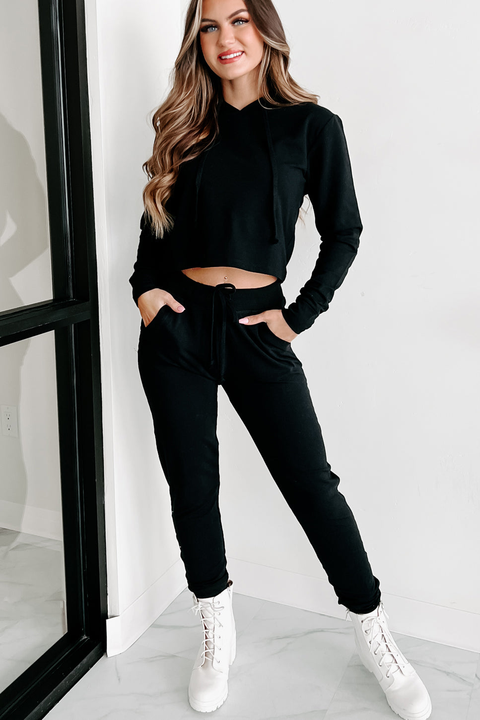 Tear Up This Town Hooded Top & Joggers Two-Piece Set (Black)