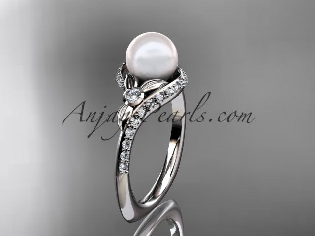 Platinum diamond pearl vine and leaf engagement ring AP112