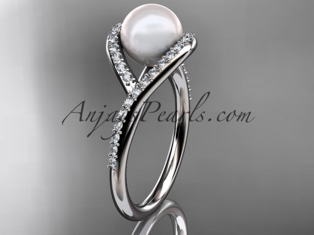14kt white gold diamond pearl unique engagement ring, wedding ring AP383