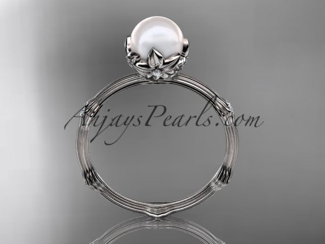 Platinum diamond pearl vine and leaf engagement ring AP38
