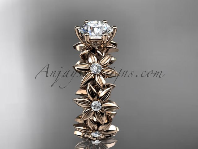 Unique 14k rose gold diamond floral engagement ring with a "