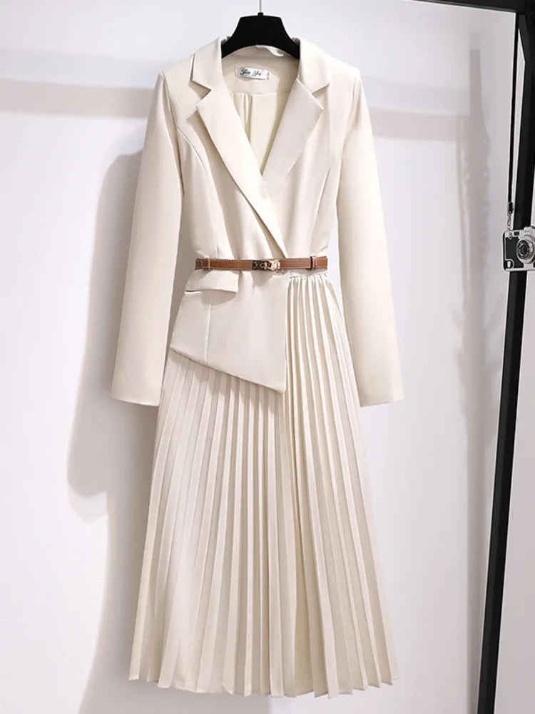 Additional view of the Nicole Women's Pleated A-Line Midi Dress highlighting the collar and sleeve design