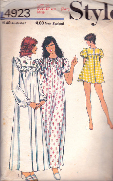 Style 4923 Womens Retro Nightgown & Panties 70s Vintage Sewing Pattern ...