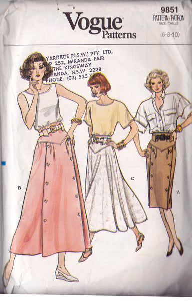 80s Vogue 9851 Button Trim Skirts Pattern Size 6 8 10 / 12 14 16 ...