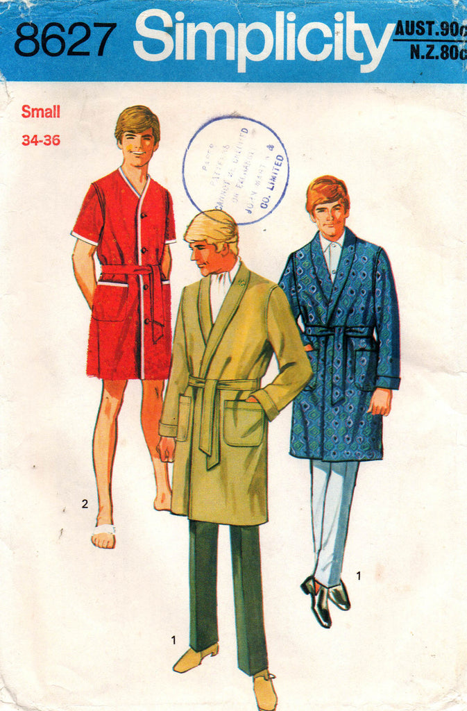 Simplicity 8627 Mens Teen Boys Wrap Robe Dressing Gown 1970s Vintage S