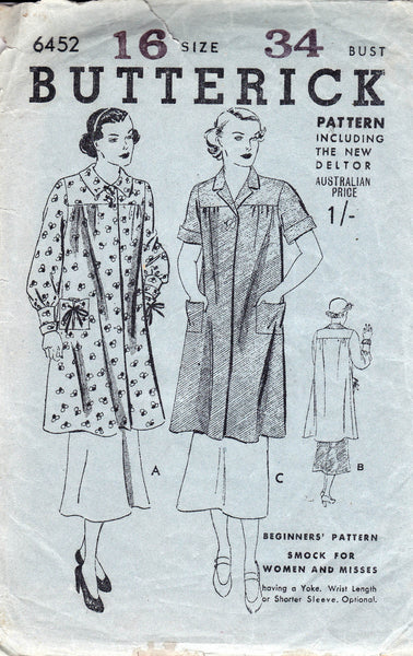 Butterick 6452 Womens Smock Dress 1930s Vintage Sewing Pattern Size 16