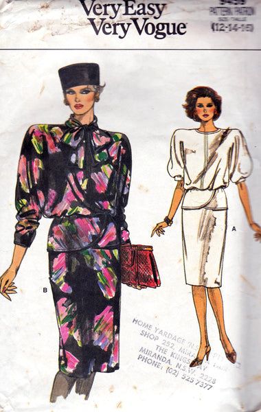 Vogue 9459 Womens Big Sleeved Peplum Top & Skirt 1980s Vintage Sewing