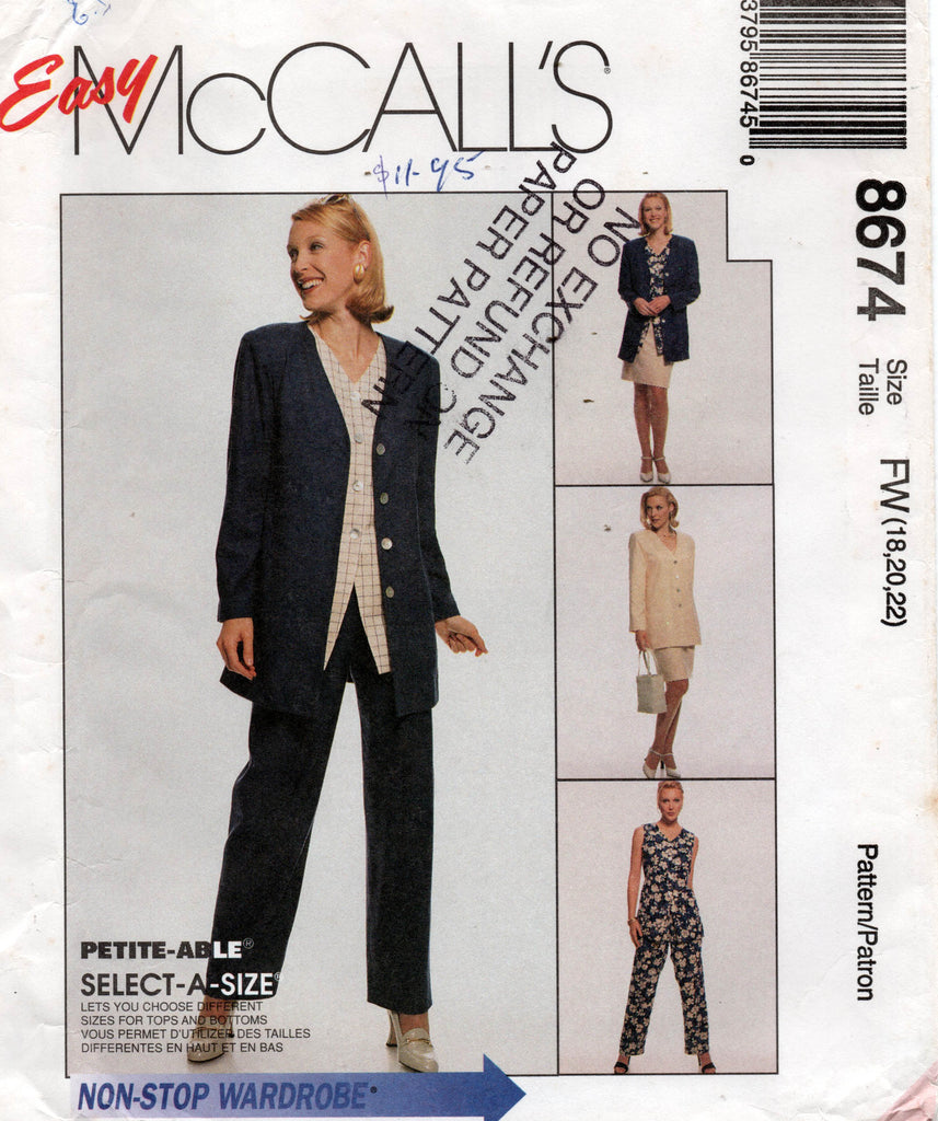 McCall's 8674 Womens Non-Stop Capsule Wardrobe Separates 1990s Vintage
