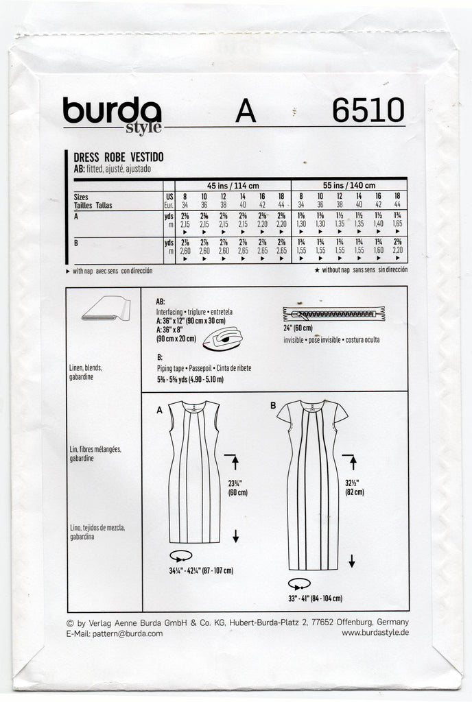 Burda Style 6510 Womens Sleeveless or Cap Sleeved Panelled Dress Sewin