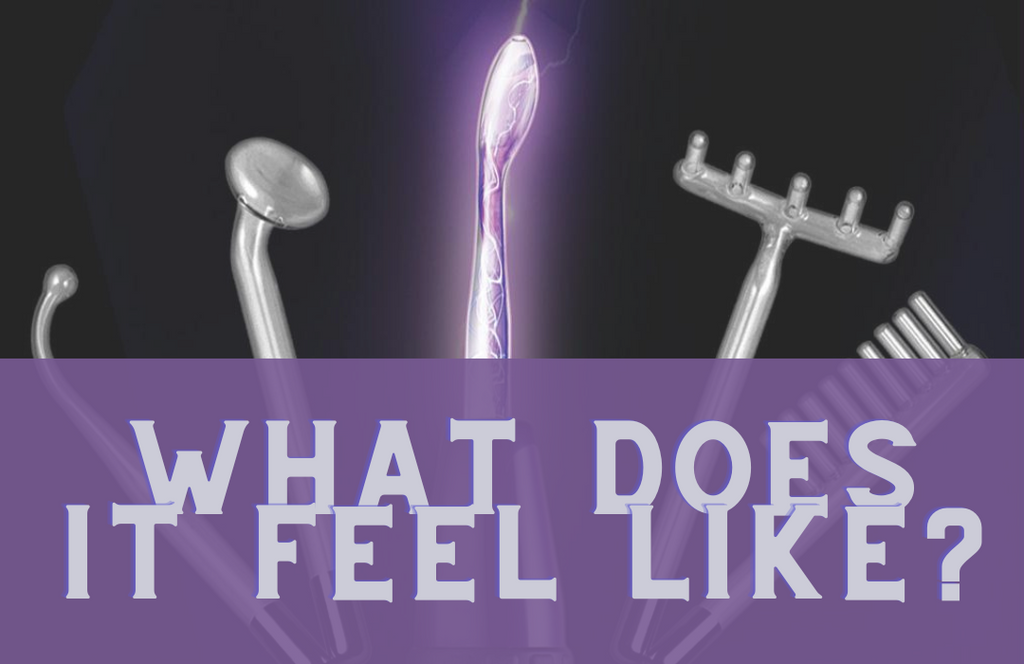 black background with violet wand attachments arranged in an arch, the violet wand with electricity pulsing through it in is in the middle. in the foreground the grey text on a purple ground reads "what does it feel like?"
