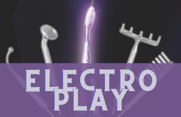 black background with violet wand attachments arranged in an arch, the violet wand with electricity pulsing through it in is in the middle. in the foreground the grey text on a purple ground reads "electro play"