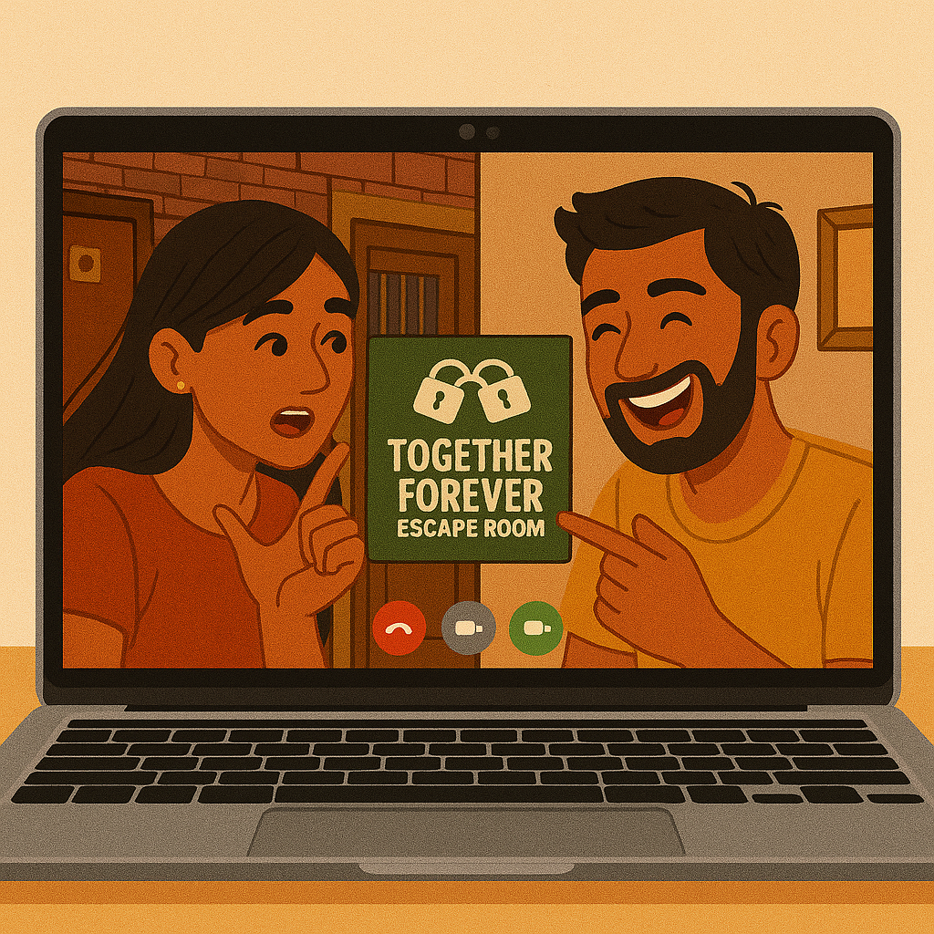 A couple playing online escape room.