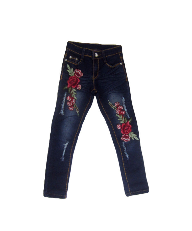 Girls Embroidered Rose Patch Jeans 