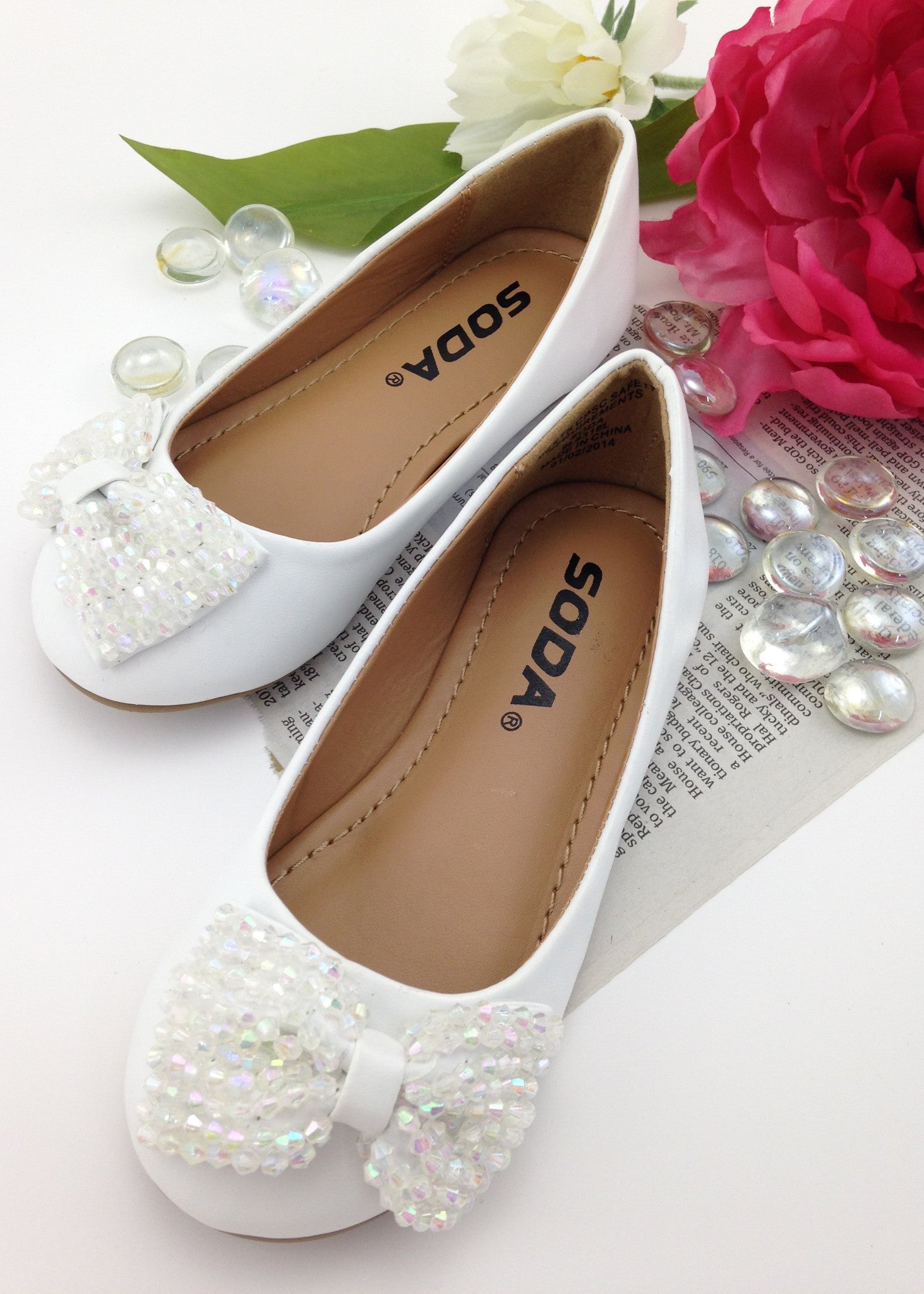 Girls White Beaded Bow Flats | Shoes 