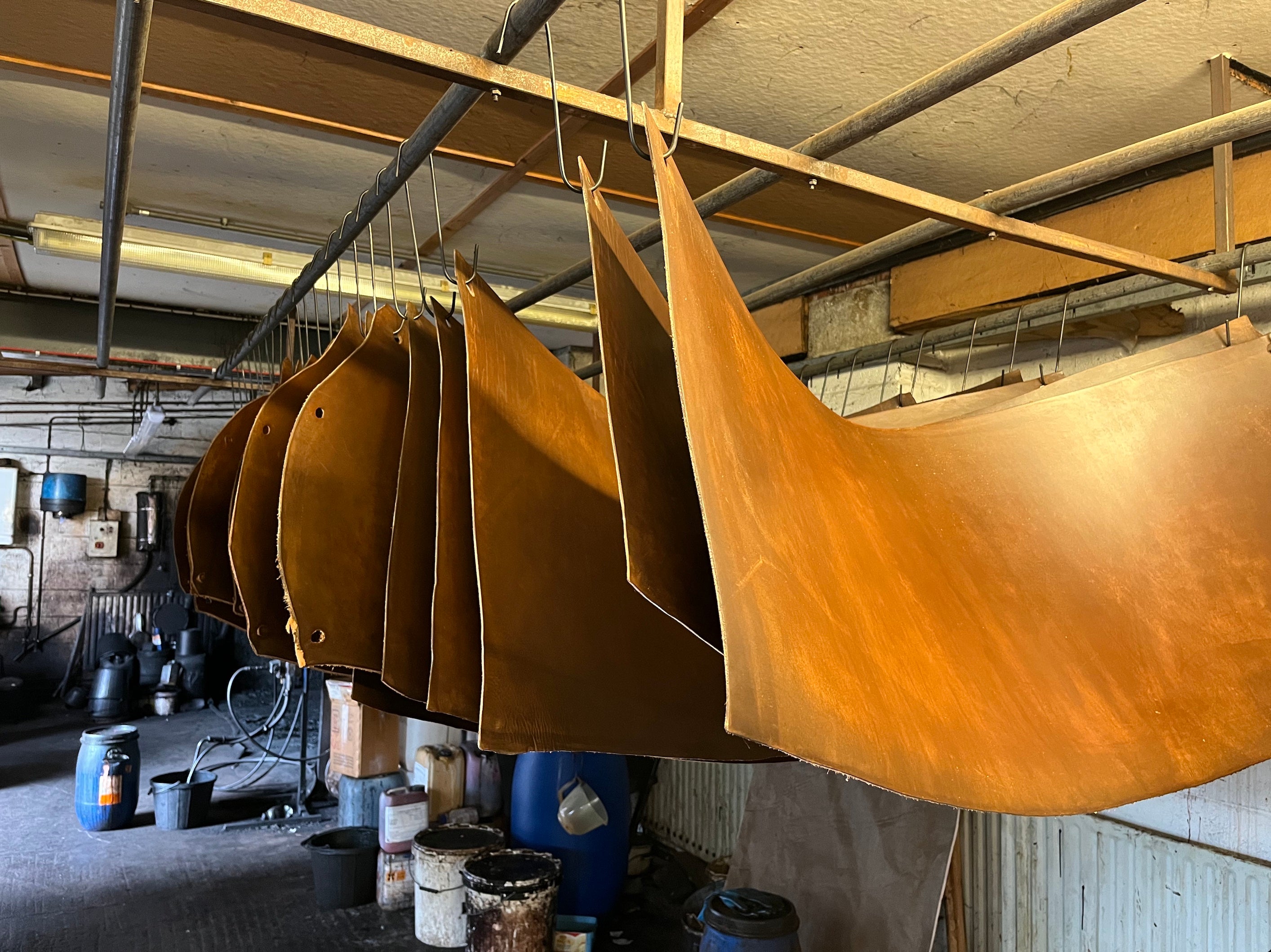 Treated leather hides at tannery