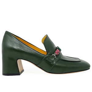Madison Maison Green Leather Mid Heel Jeweled Loafer