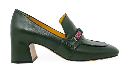 Green Leather Mid Heel Jeweled Loafer