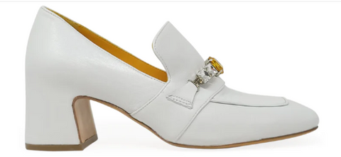 White Leather Mid Heel Jeweled Loafer