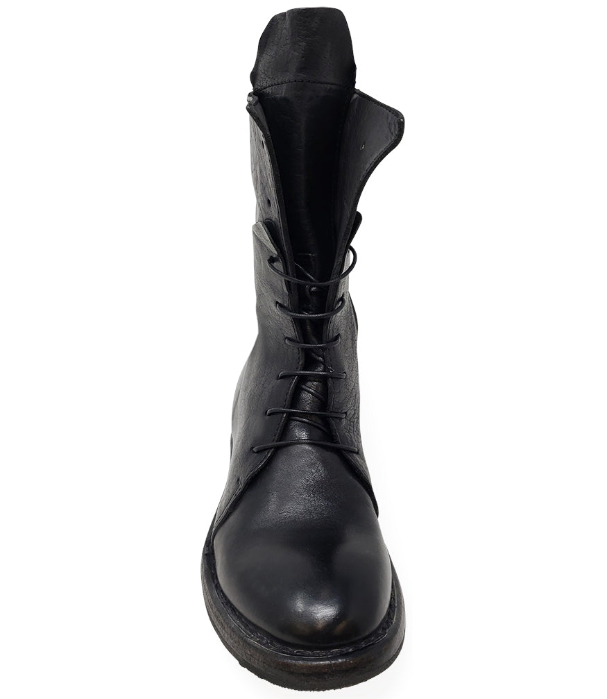 Moma Black Leather Lace-up Mid Calf Boot