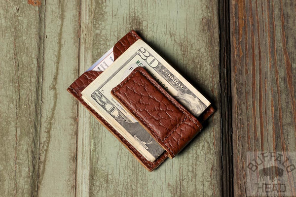 American Bison Magnetic Money clip Wallet - Rich Brown - Made in USA - Buffalo Head Leather