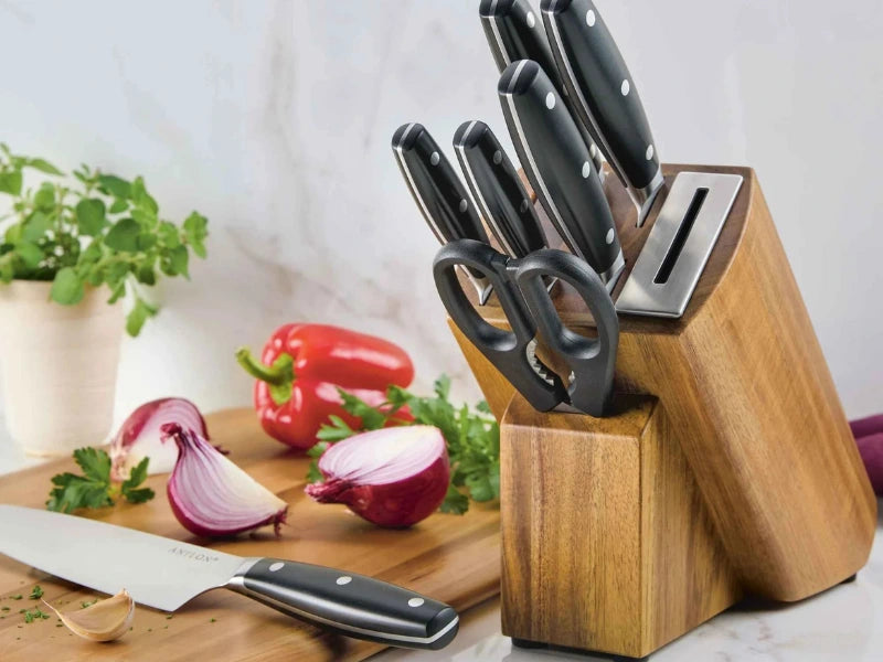 Wooden knife blocks protect Gyuto blades while keeping counters organized.