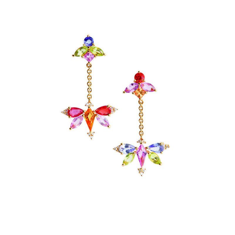 1986 Kaleidoscope Mirage of Colourful Sapphires & 18 karat gold dangling earrings