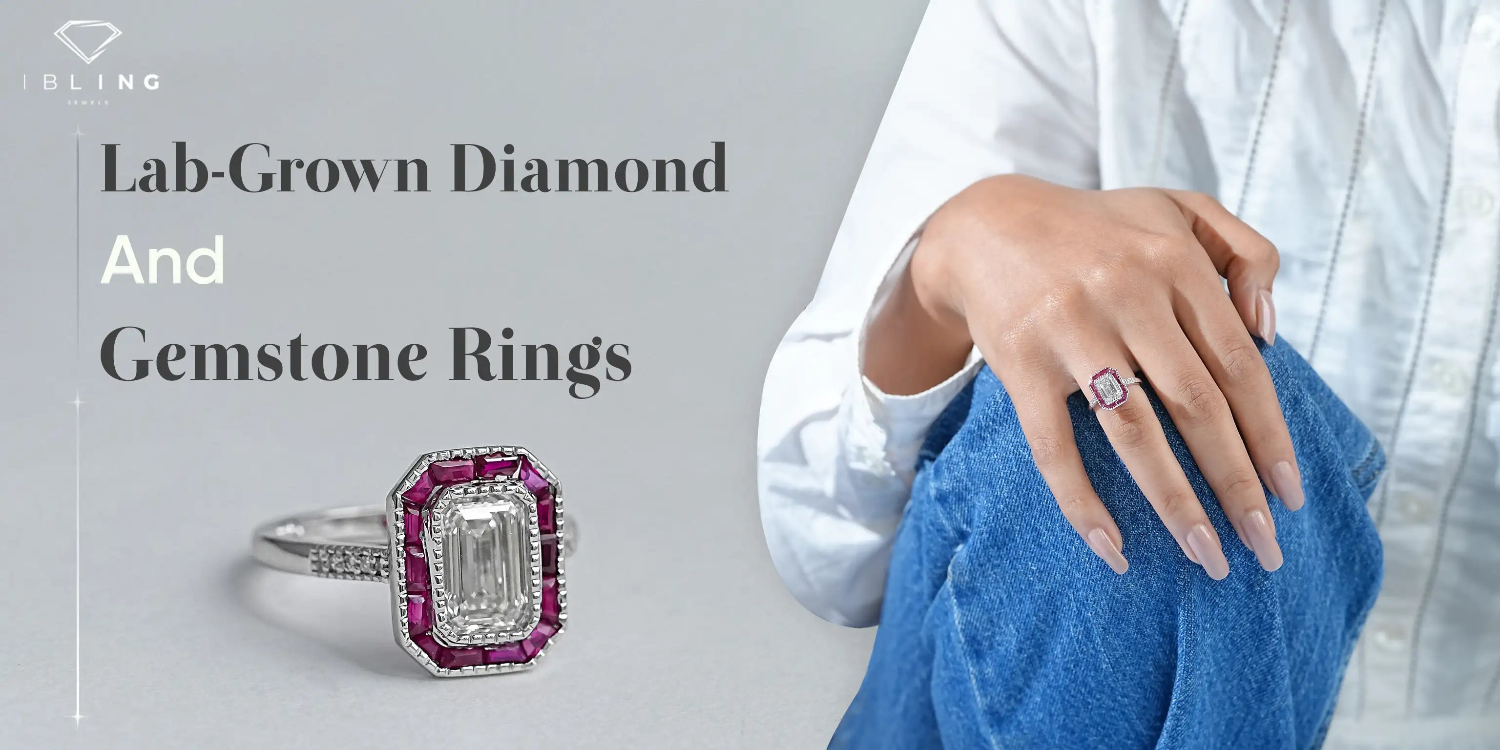 Lab-grown diamond ring with red gemstone accents.