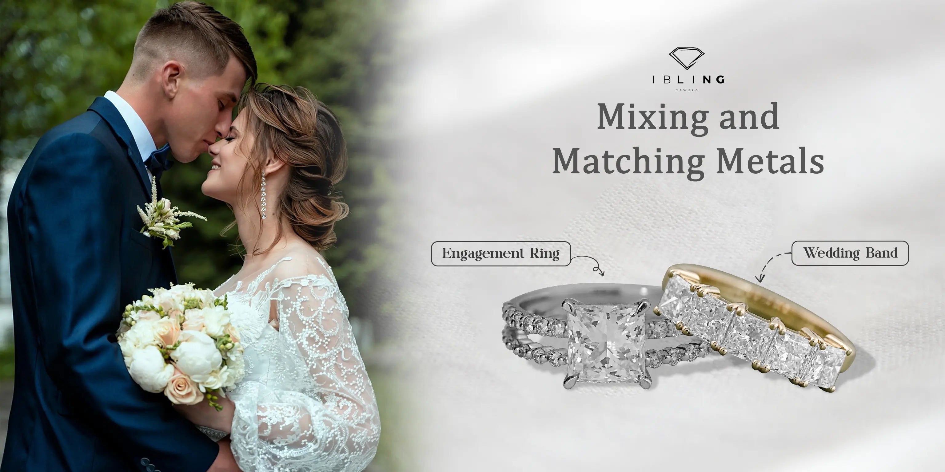 Matching princess cut lab diamond engagement and wedding ring set by iBling Jewels