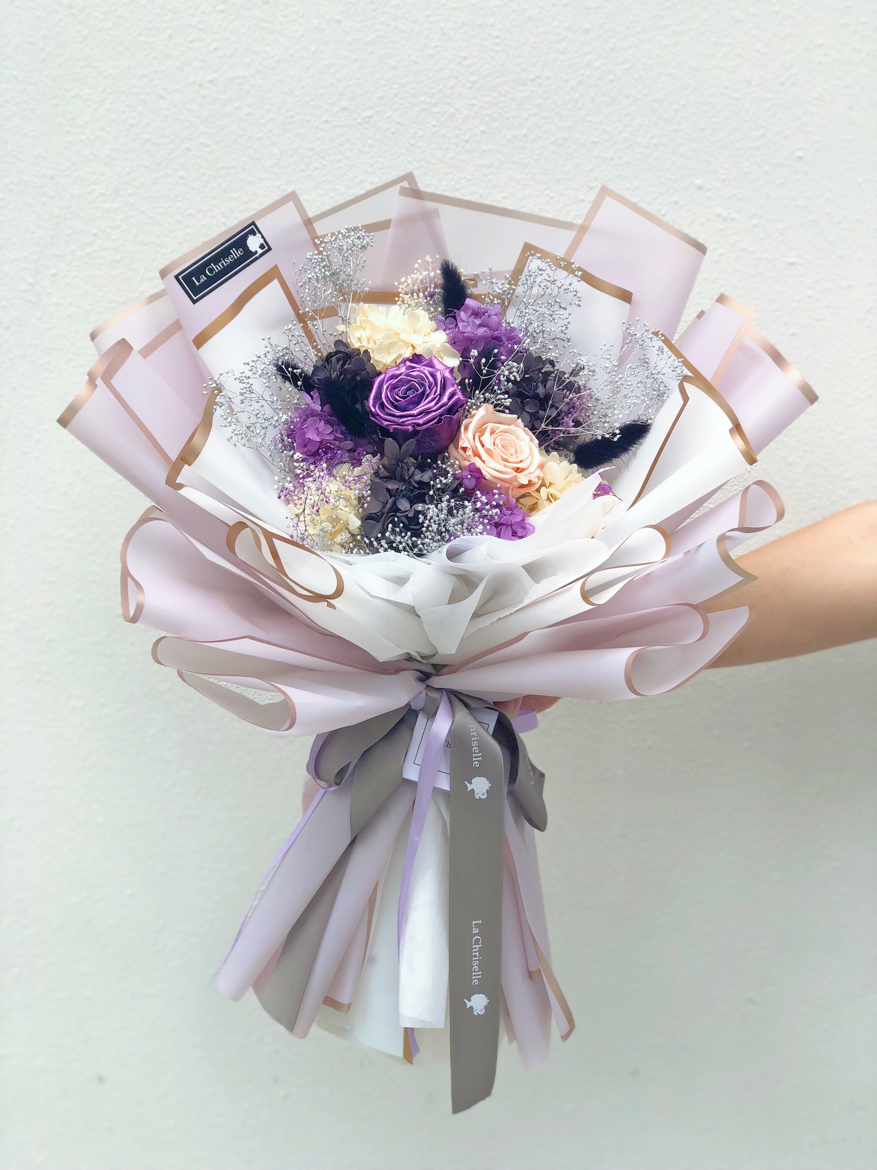 金屬紫色桃色保鮮玫瑰花永生花束metallic Purple Peach Preserved Rose Bouquet Lachriselle