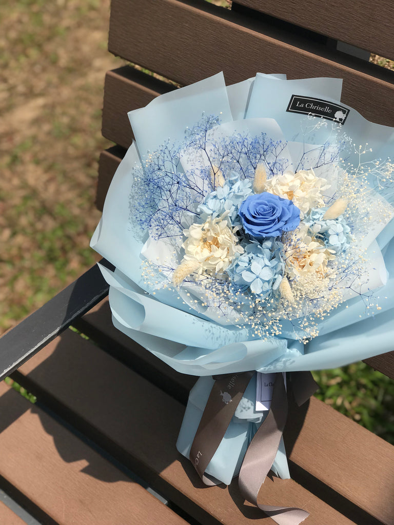 藍天與白雲藍色保鮮玫瑰花束永生花束blue Preserved Rose Bouquet Lachriselle