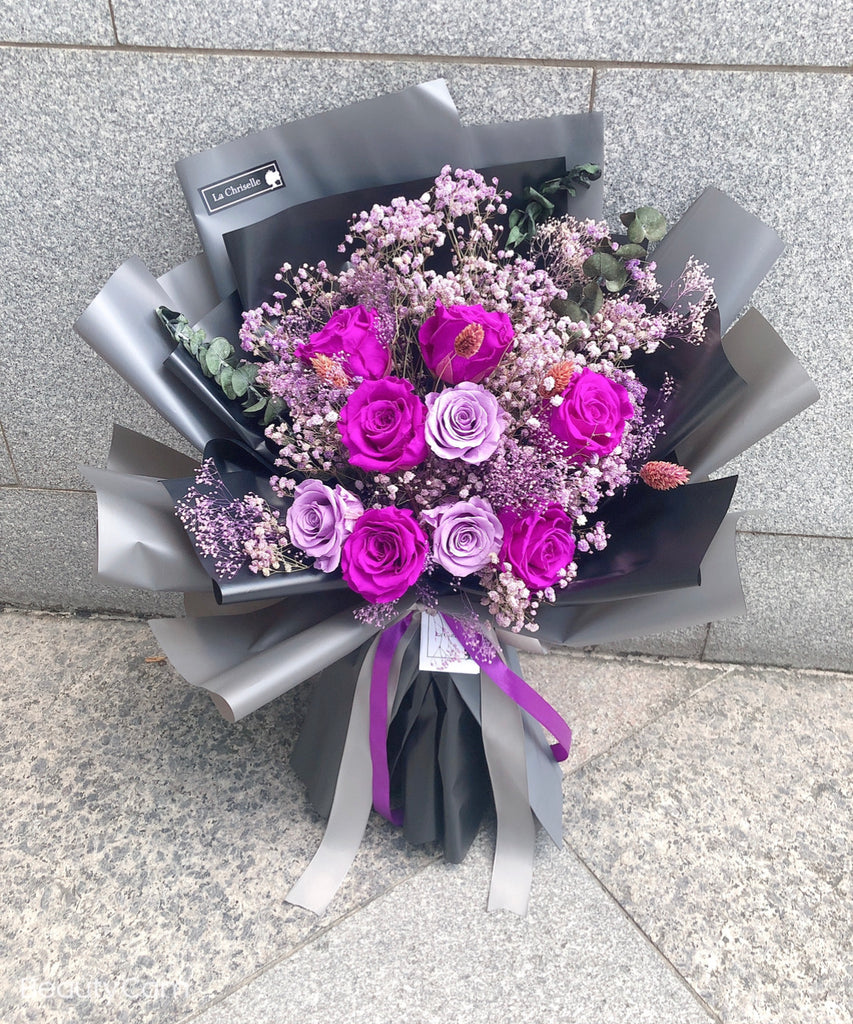 天長地久9 枝貴族紫保鮮玫瑰花束forever Love 9 Purple Preserved Roses Bouquet Lachriselle