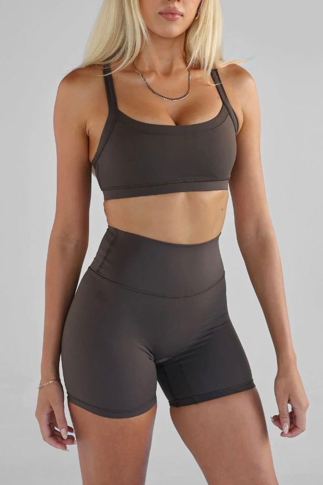 Leelo Active Sculpt Cross Back Crop- Dark Choc